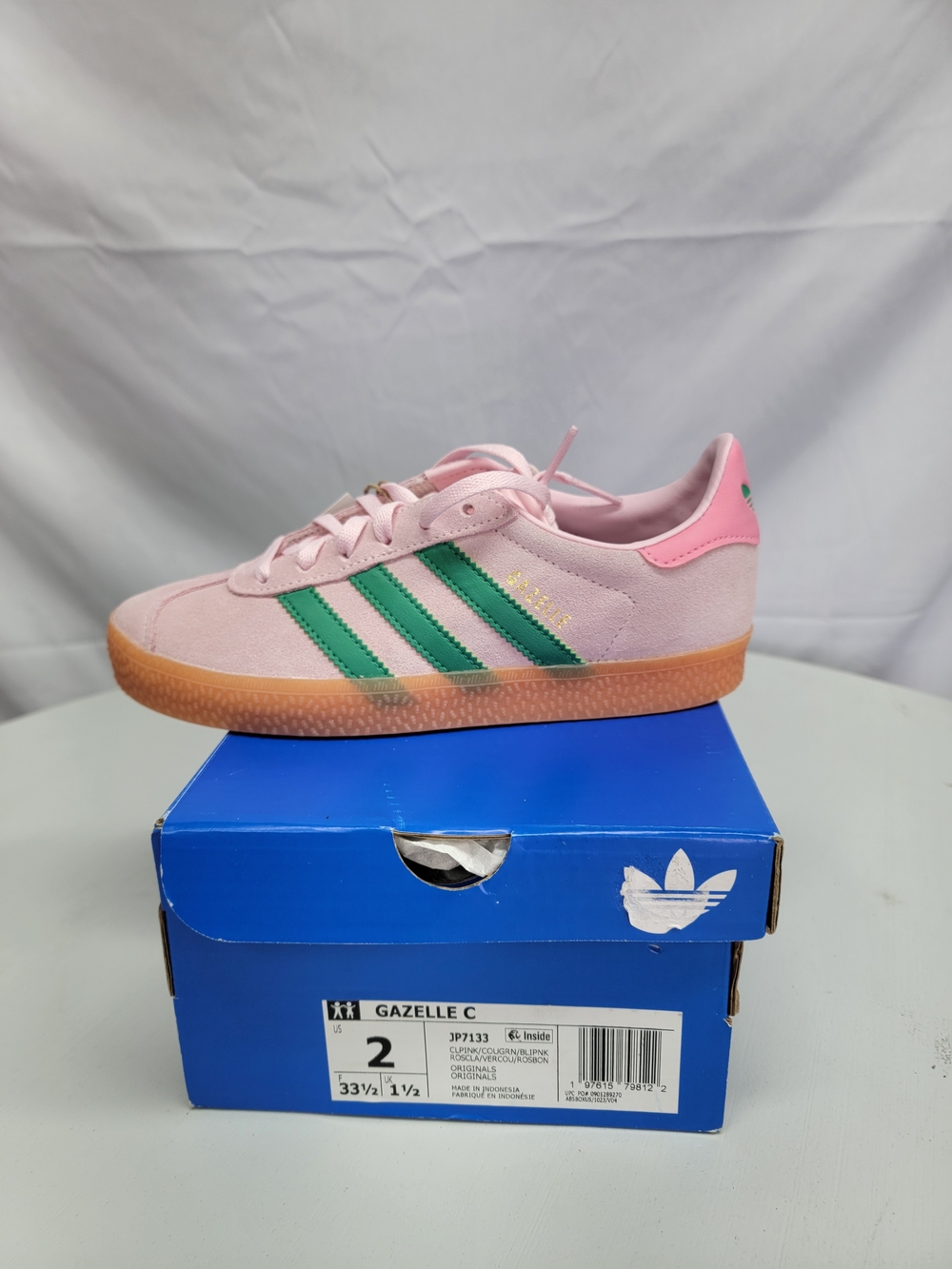 Girls Adidas Pink Suede Gazelle Sneaker with Green Stripes
